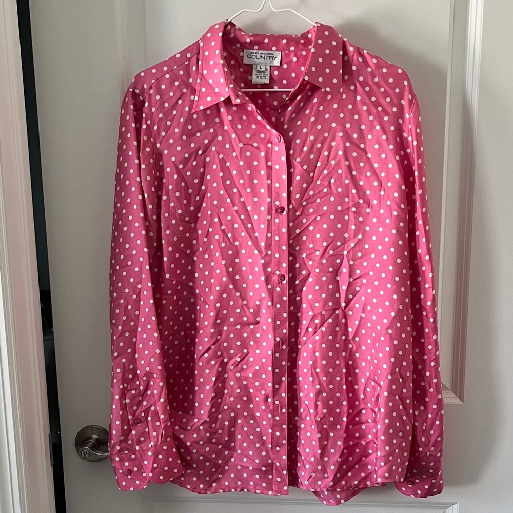 Jones New York Country Pink Polka Dot Silk Blouse NWOT